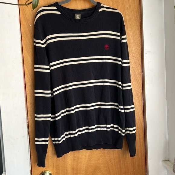 timberland knit sweater navy blue white stripe red embroidered emblem - Picture 1 of 4